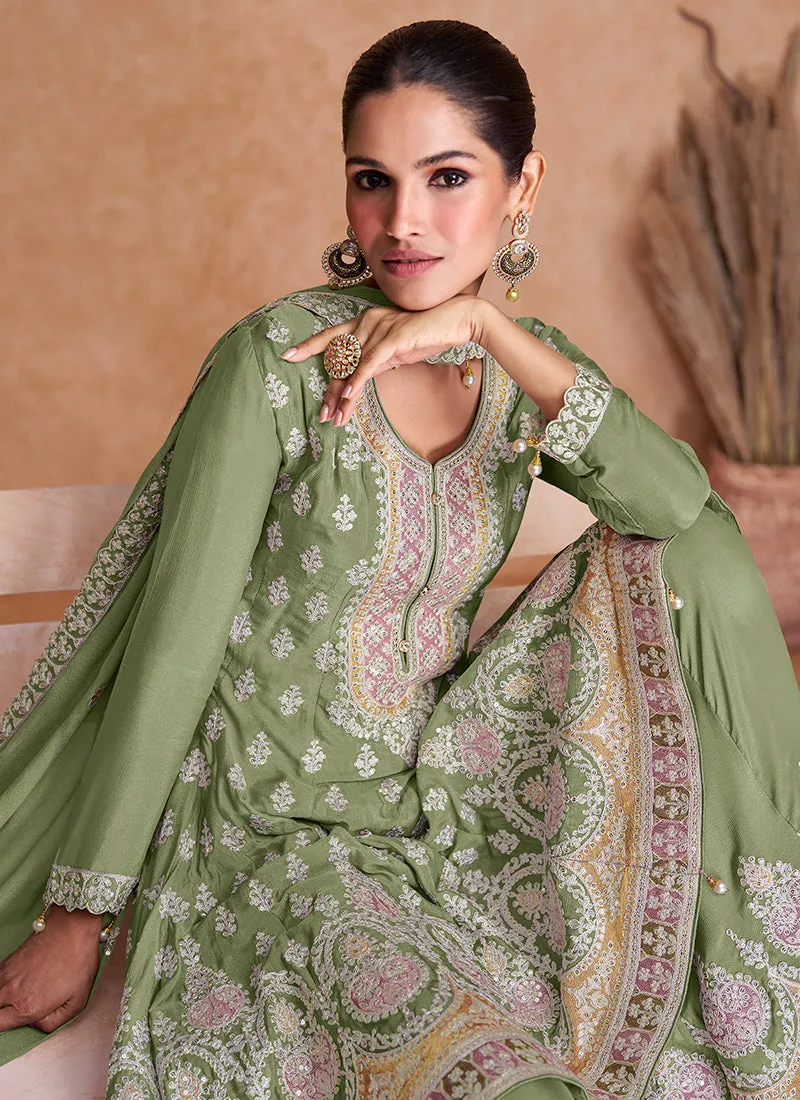 Light Green Multi Embroidery Wedding Gharara Style Suit