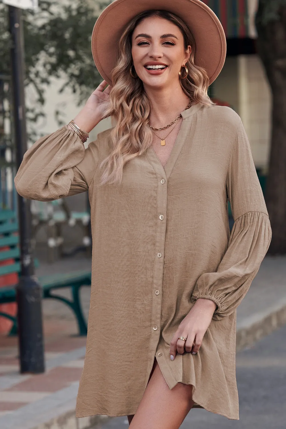Lolly Notched Button Up Balloon Sleeve Longline Top