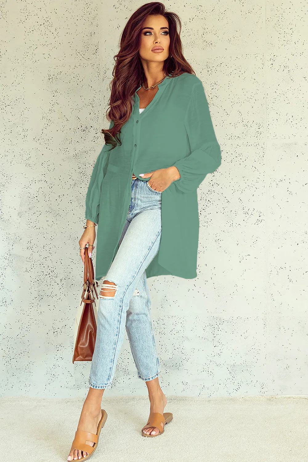 Lolly Notched Button Up Balloon Sleeve Longline Top