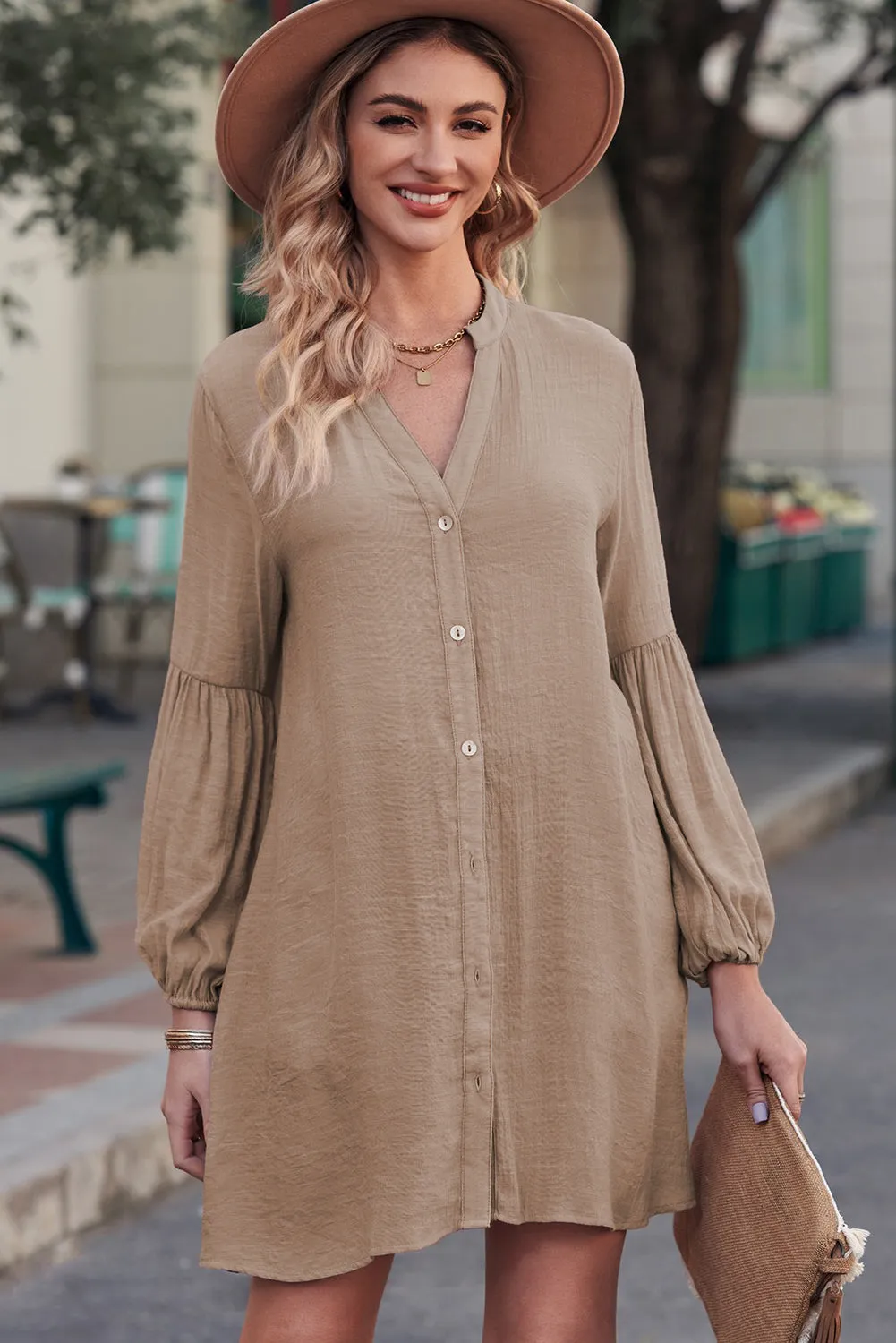 Lolly Notched Button Up Balloon Sleeve Longline Top