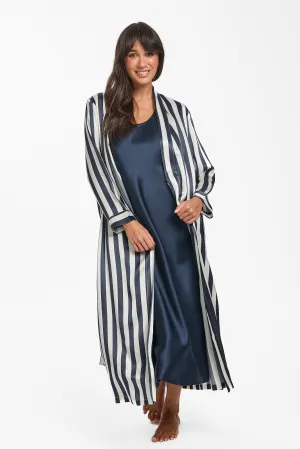 Long Silk Robe - Navy Stripe