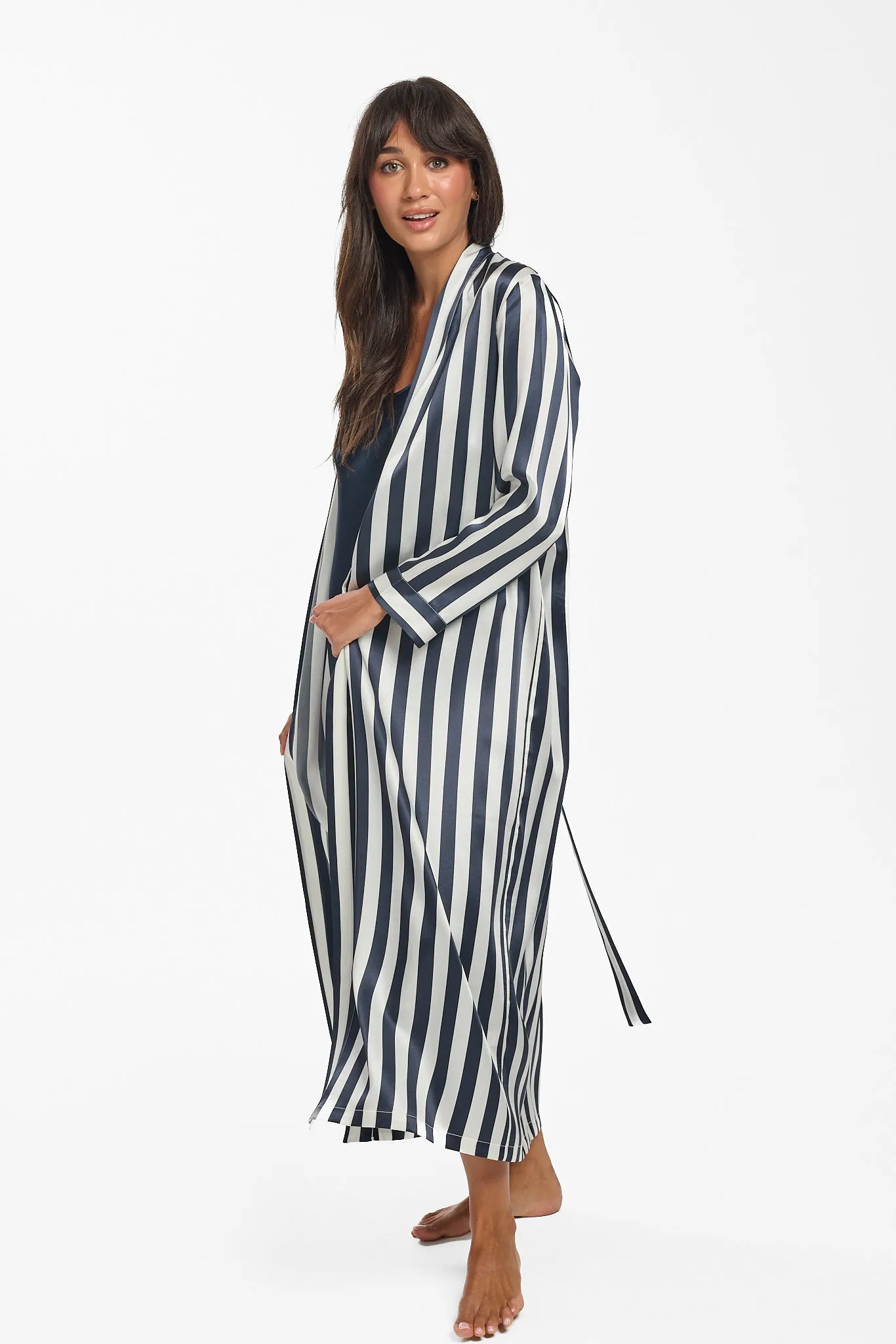 Long Silk Robe - Navy Stripe