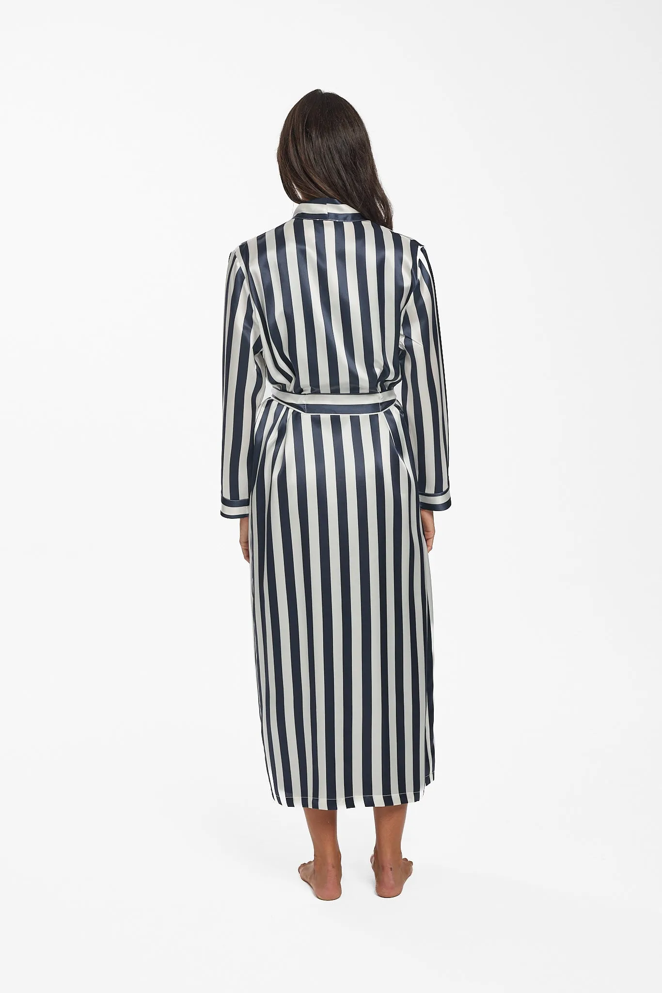 Long Silk Robe - Navy Stripe