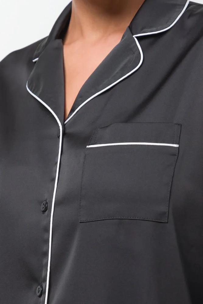 Long Sleeve Button Through Pyjamas Black
