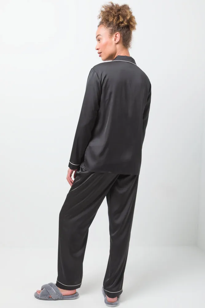Long Sleeve Button Through Pyjamas Black