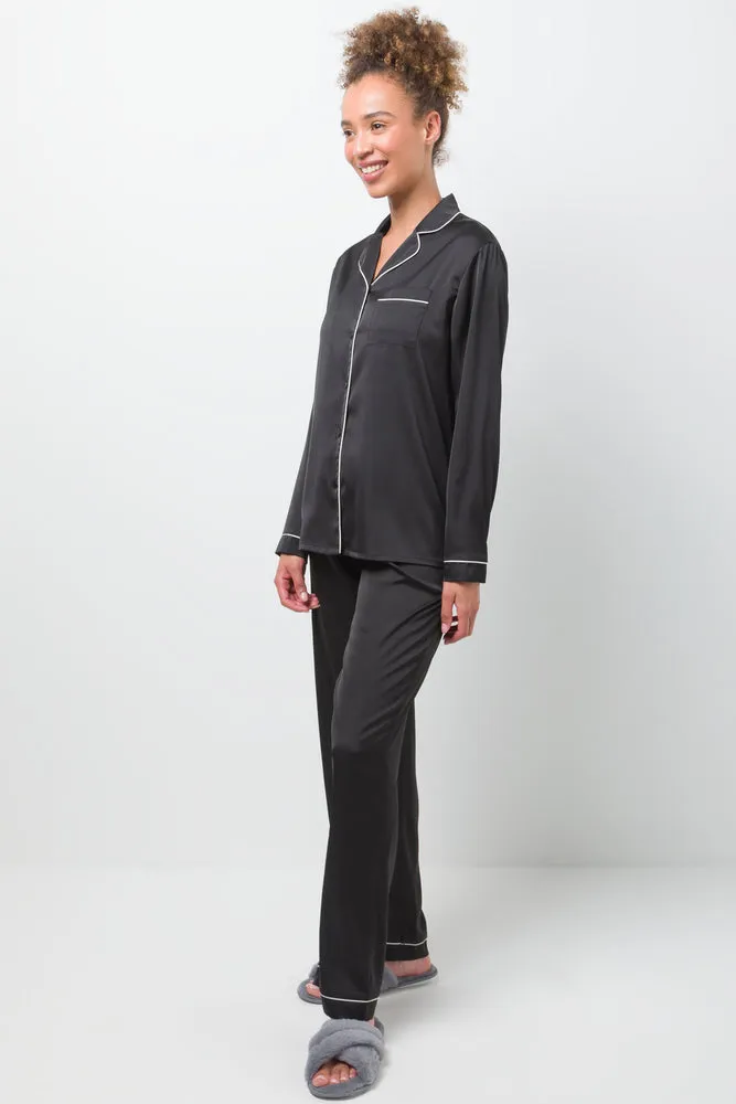 Long Sleeve Button Through Pyjamas Black