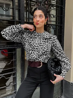 Long Sleeve Leopard Slim Fit Peplum Blouse