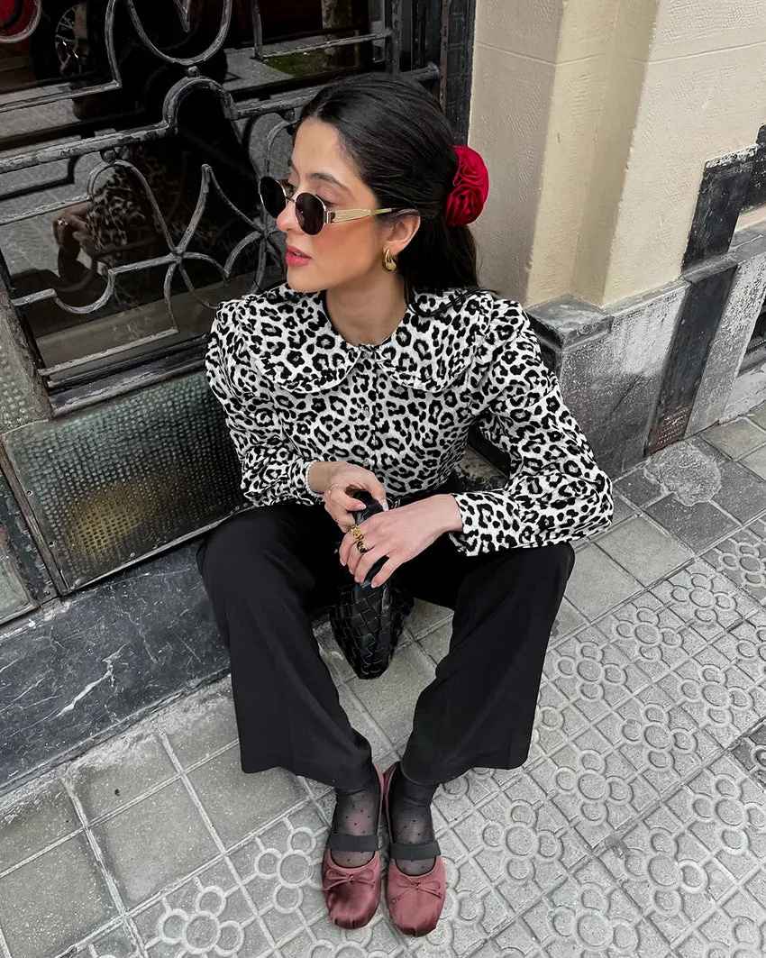 Long Sleeve Leopard Slim Fit Peplum Blouse