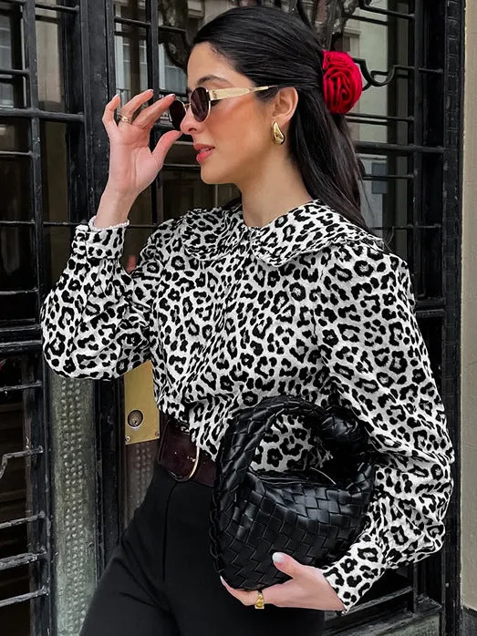 Long Sleeve Leopard Slim Fit Peplum Blouse