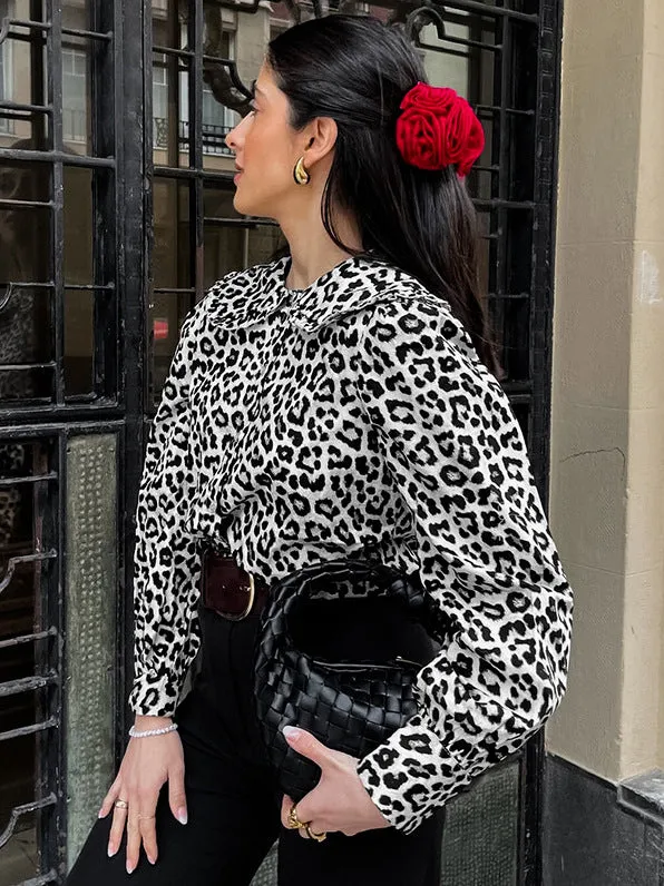 Long Sleeve Leopard Slim Fit Peplum Blouse