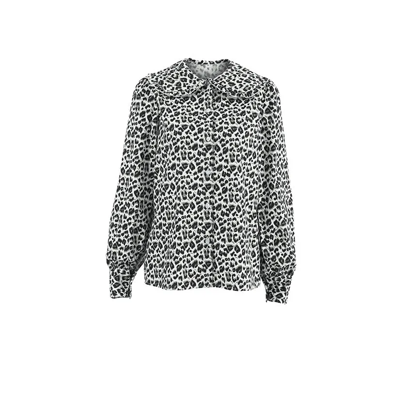 Long Sleeve Leopard Slim Fit Peplum Blouse