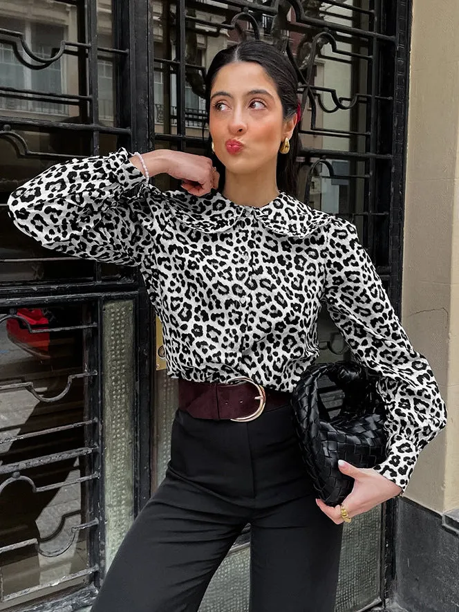 Long Sleeve Leopard Slim Fit Peplum Blouse