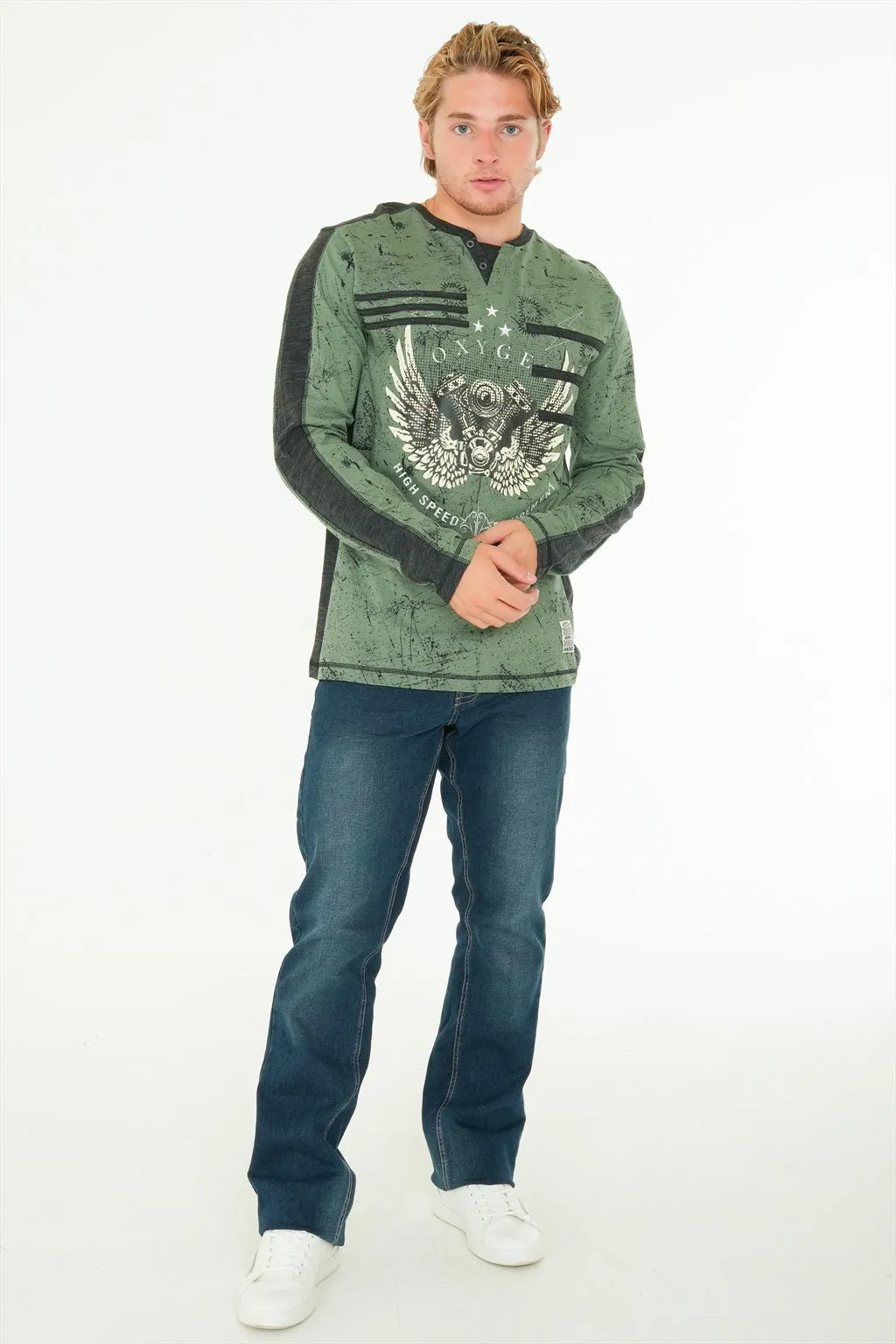Long Sleeve Printed Henley