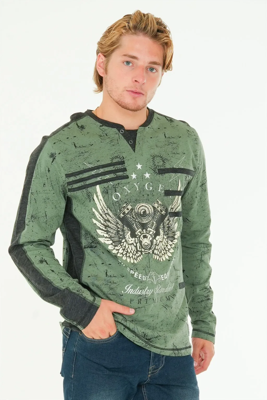 Long Sleeve Printed Henley