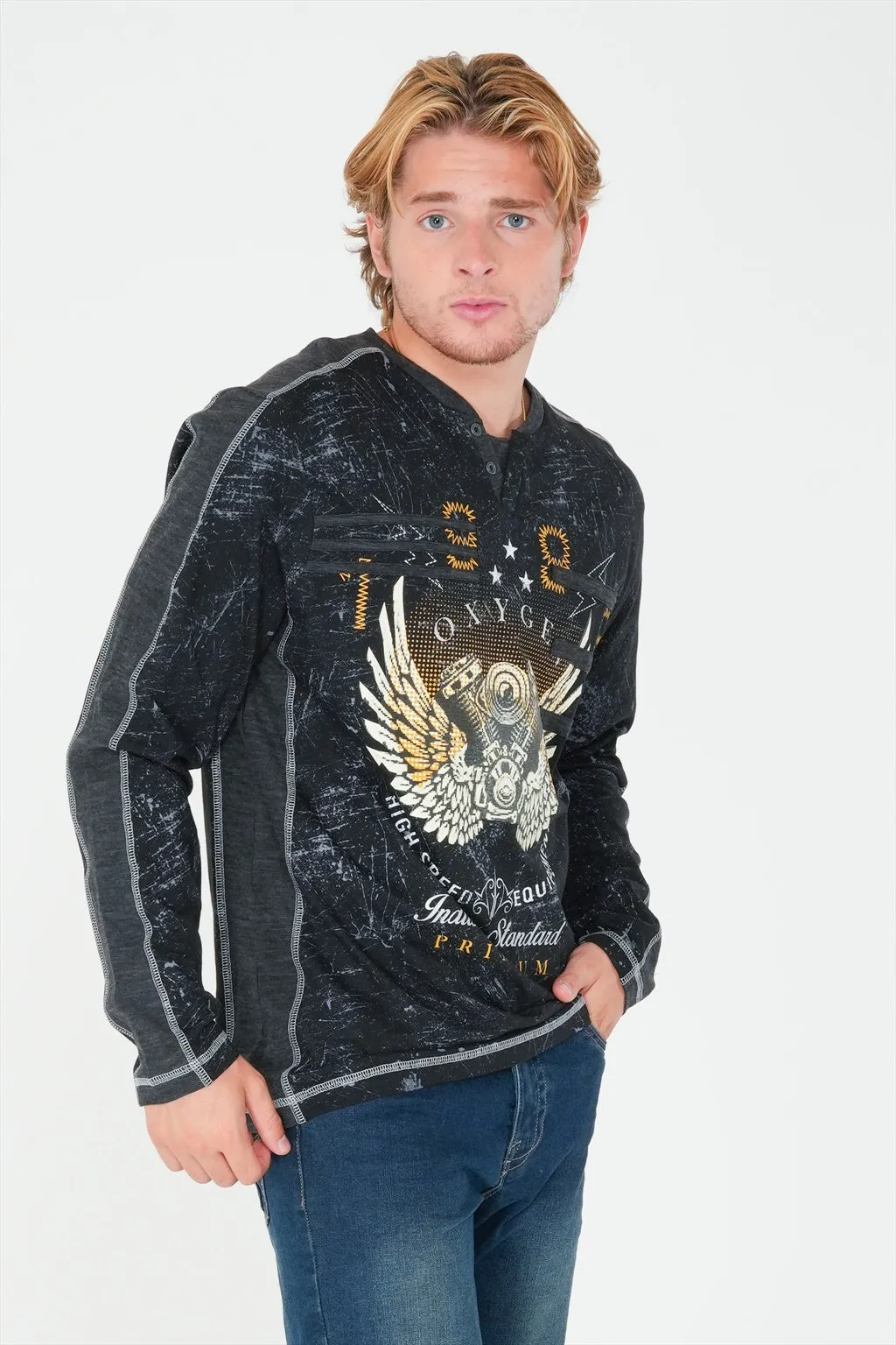 Long Sleeve Printed Henley