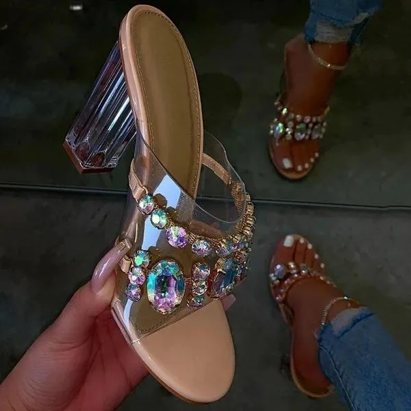 Lydiashoes Rhinestone Chunky Heel Slip-On Flip Flop Pvc Slippers