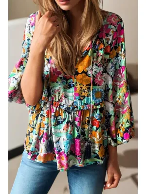 Malik Boho Floral V Neck Lantern Sleeve Blouse