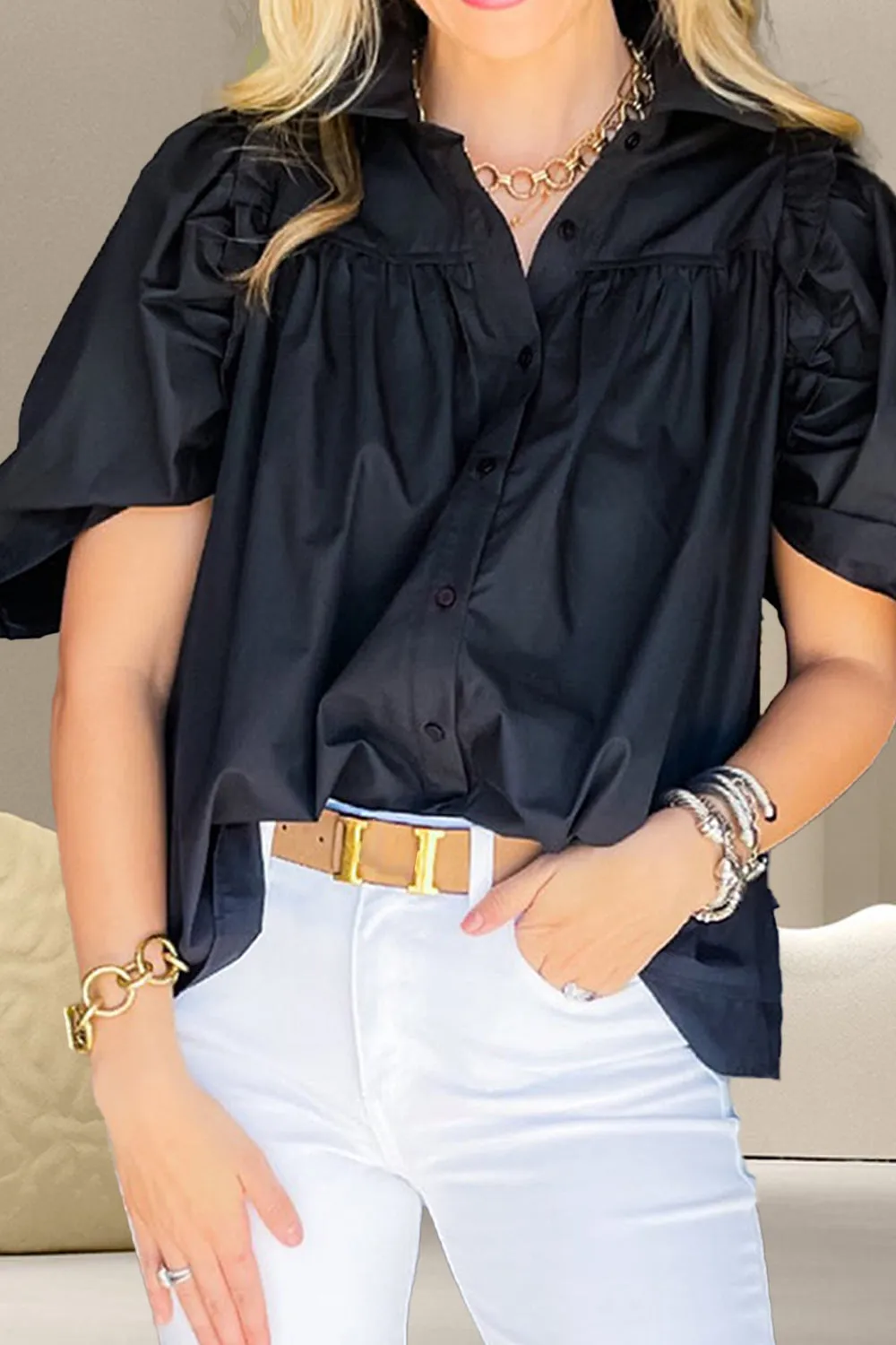 Margaret Button Up Collared Neck Short Sleeve Shirt