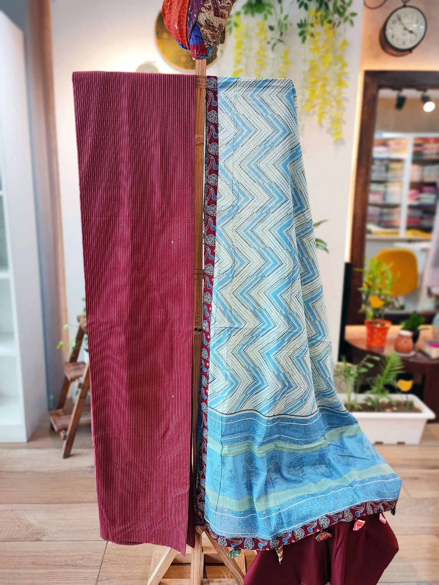 Maroon & Sky Blue Ajrakh Cotton Suit With Block Print Mulmul Dupatta