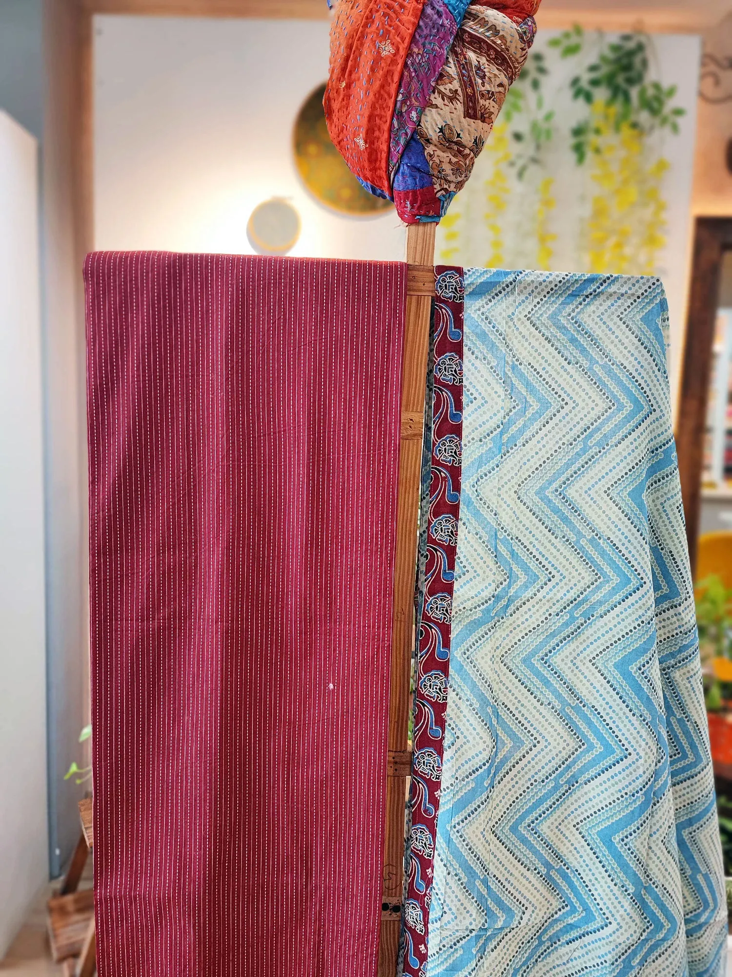 Maroon & Sky Blue Ajrakh Cotton Suit With Block Print Mulmul Dupatta