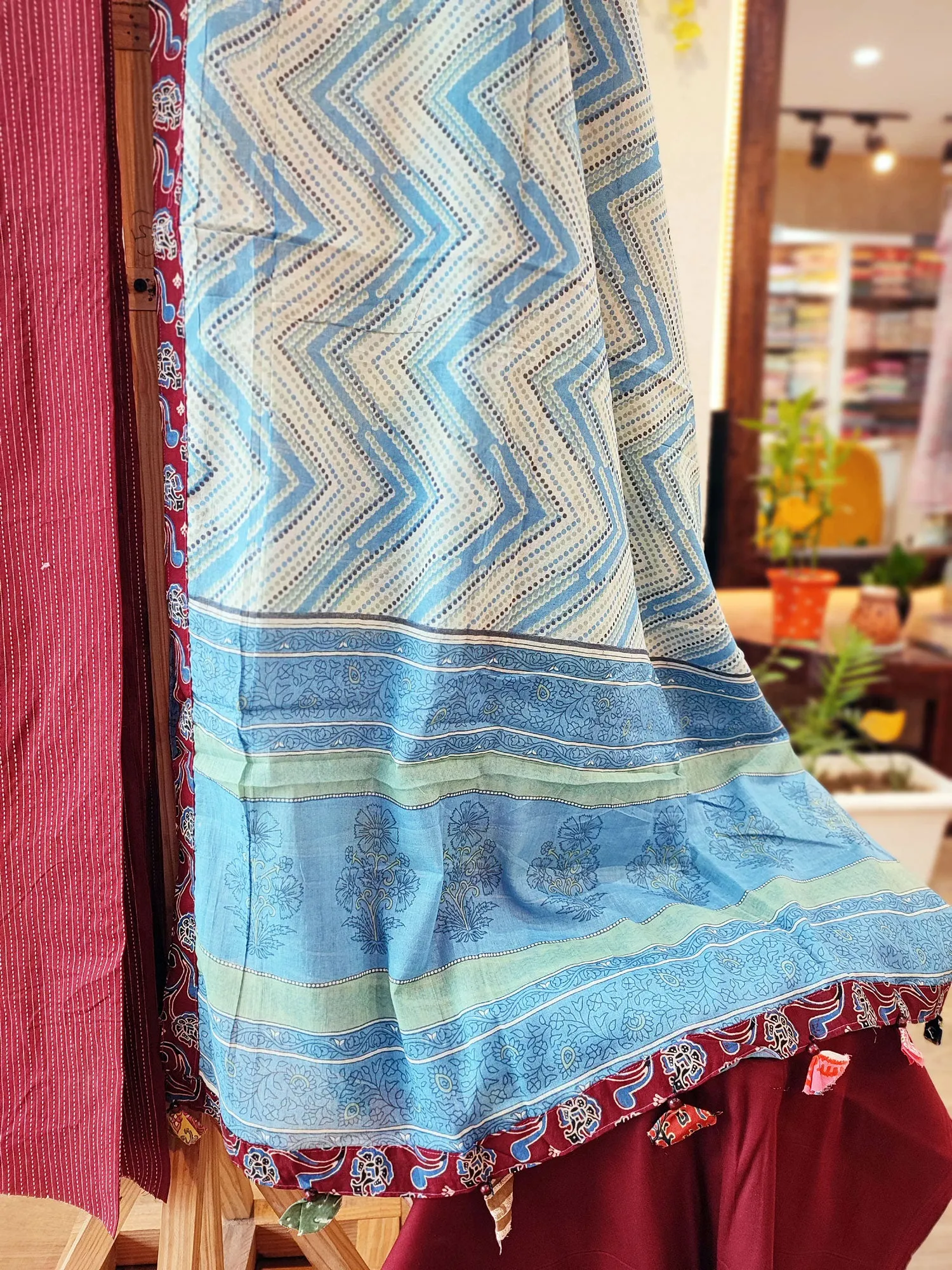 Maroon & Sky Blue Ajrakh Cotton Suit With Block Print Mulmul Dupatta