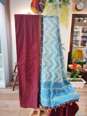 Maroon & Sky Blue Ajrakh Cotton Suit With Block Print Mulmul Dupatta