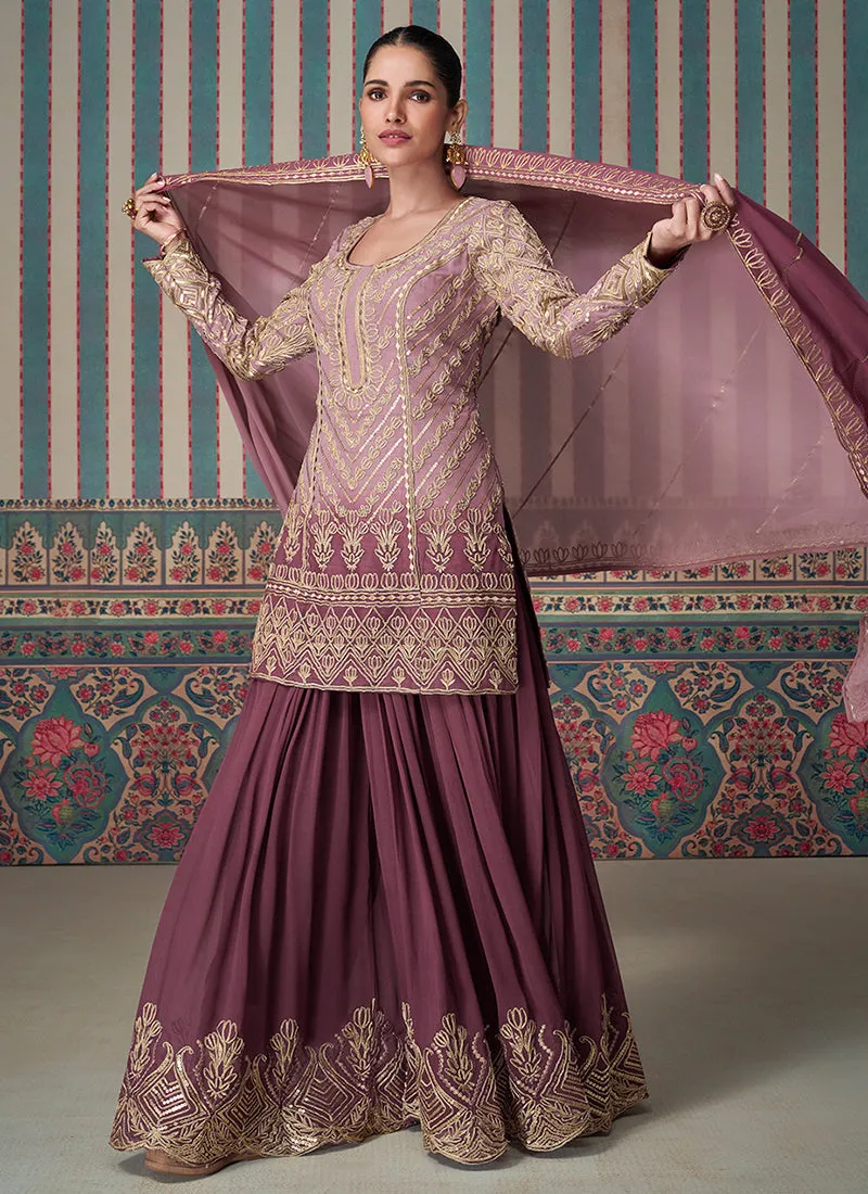 Mauve Purple Embroidery Sharara Style Suit