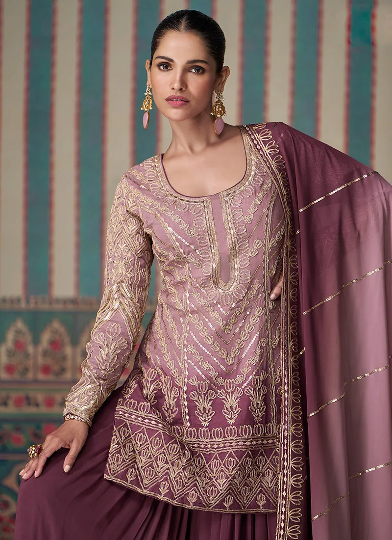 Mauve Purple Embroidery Sharara Style Suit