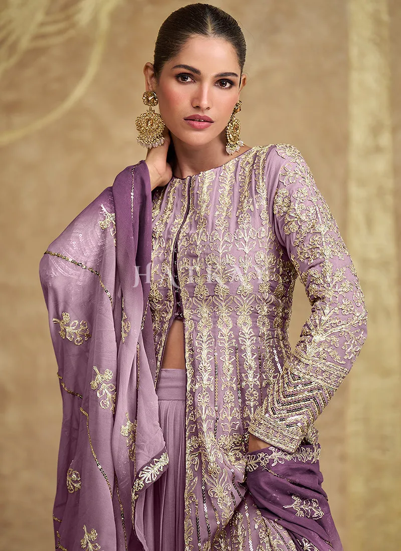 Mauve Purple Ombré Embroidered Slit Style Anarkali Lehenga