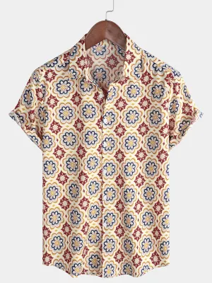 Men's Beige Casual Holiday Short Sleeve Floral Button Up Shirt