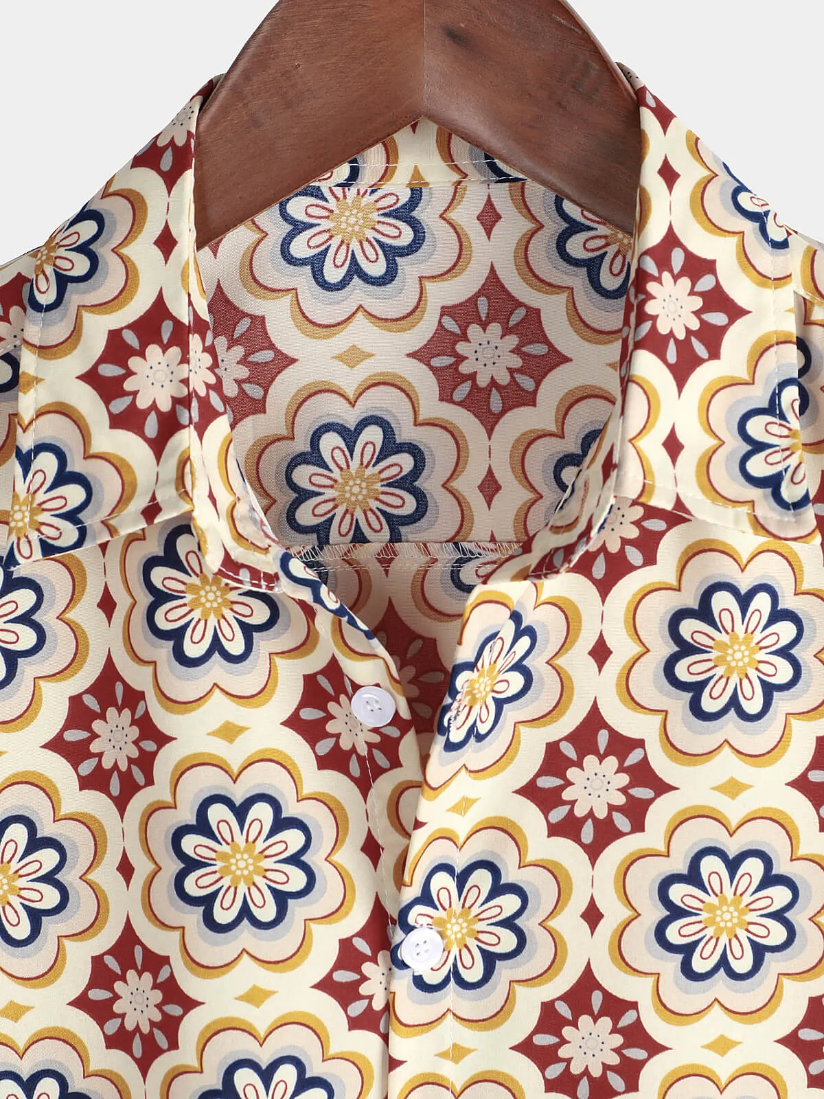 Men's Beige Casual Holiday Short Sleeve Floral Button Up Shirt