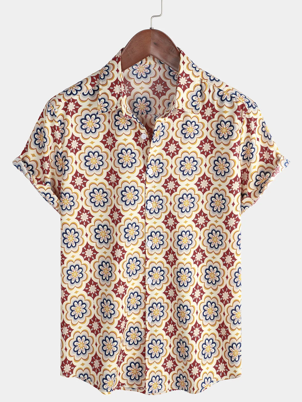 Men's Beige Casual Holiday Short Sleeve Floral Button Up Shirt