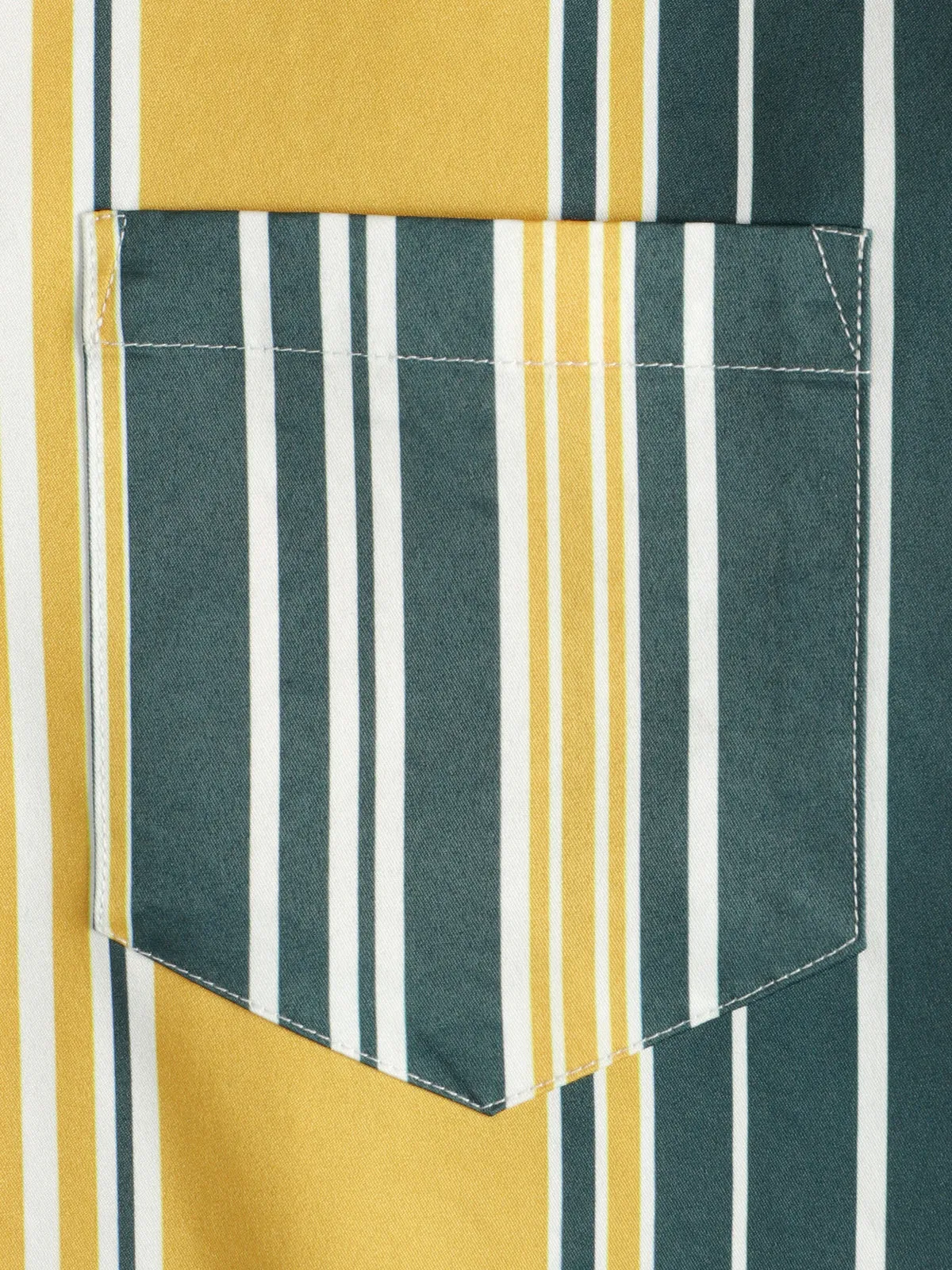 Men's Casual Button Up Retro Yellow And Green Vertical Striped Pocket Short Sleeve Shirt