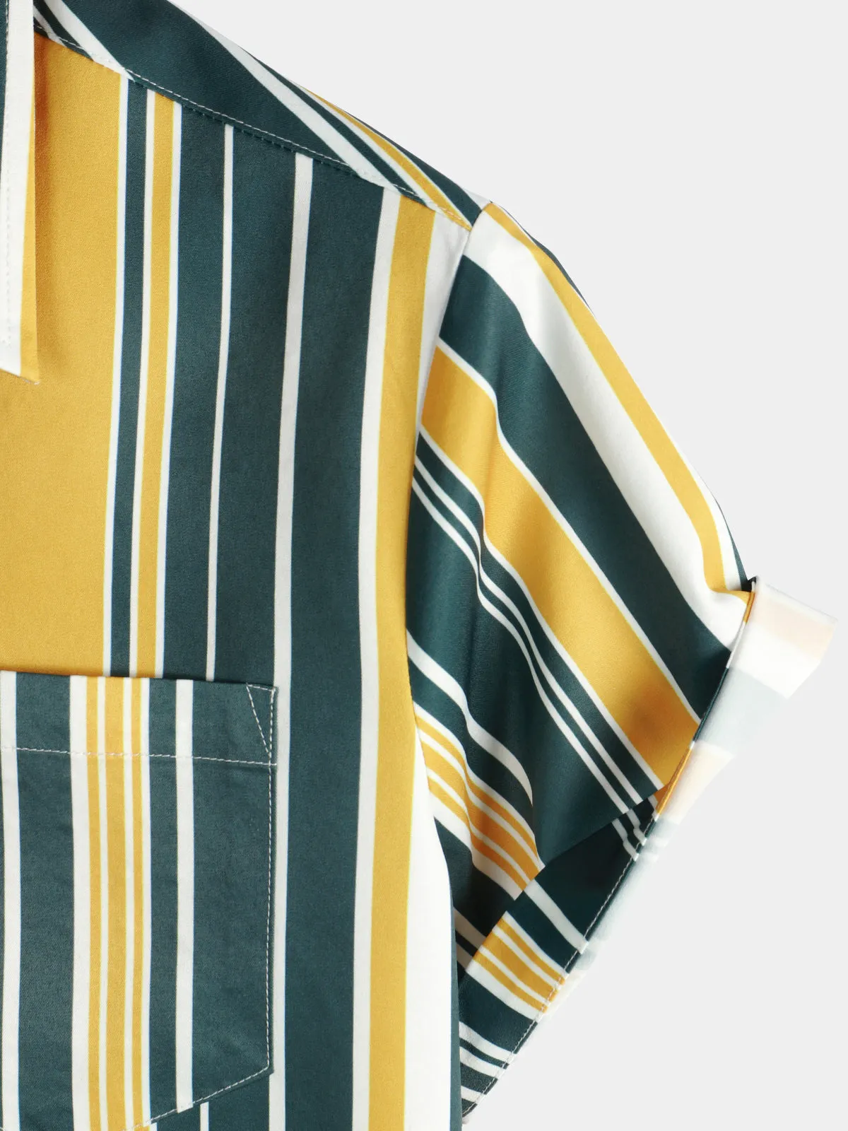 Men's Casual Button Up Retro Yellow And Green Vertical Striped Pocket Short Sleeve Shirt
