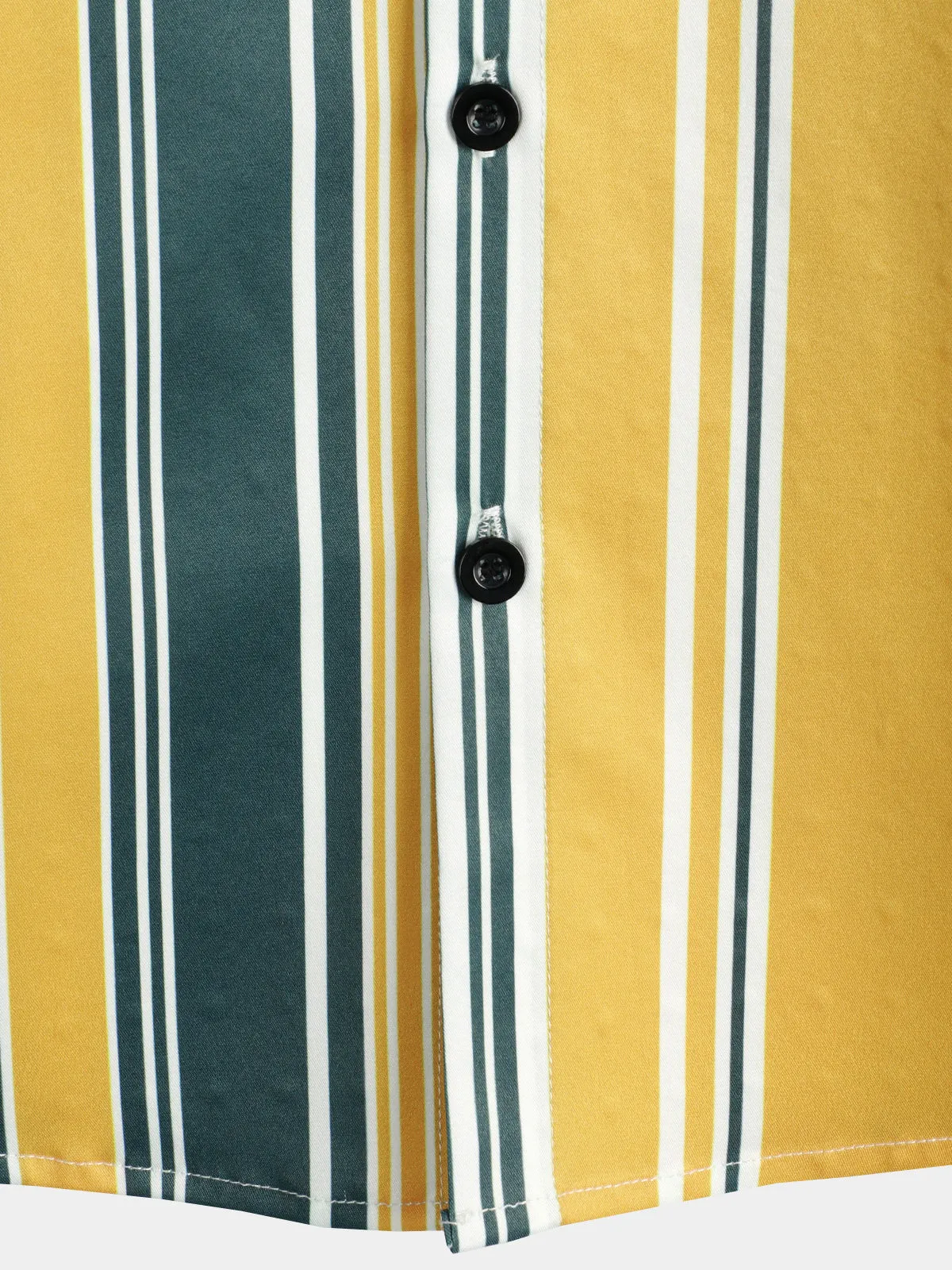 Men's Casual Button Up Retro Yellow And Green Vertical Striped Pocket Short Sleeve Shirt