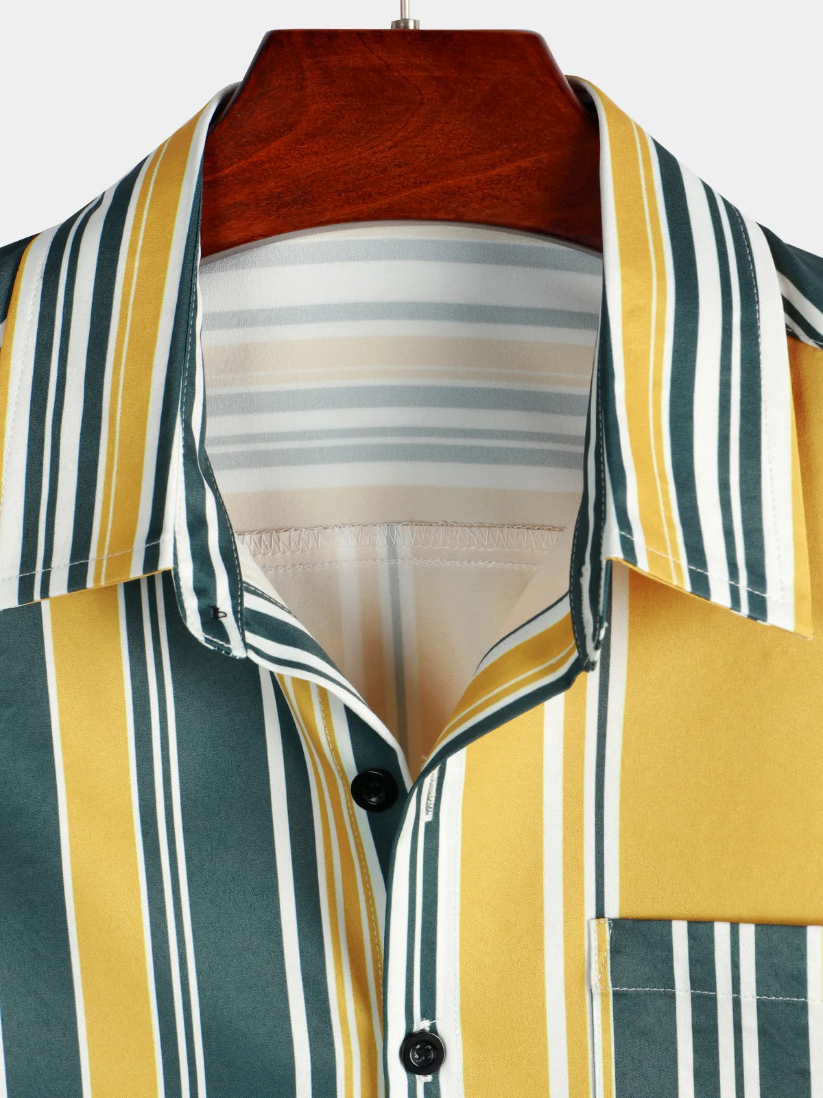 Men's Casual Button Up Retro Yellow And Green Vertical Striped Pocket Short Sleeve Shirt