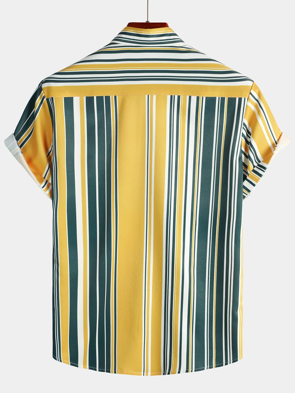 Men's Casual Button Up Retro Yellow And Green Vertical Striped Pocket Short Sleeve Shirt