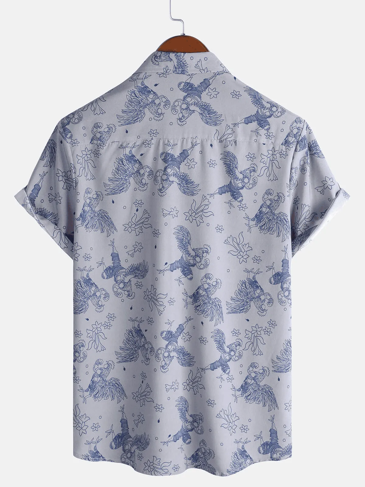 Men's Casual Short Sleeve Funny Hawaiian Gongfu Rooster Button Up Shirt