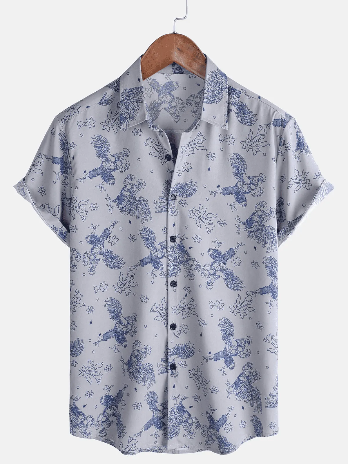 Men's Casual Short Sleeve Funny Hawaiian Gongfu Rooster Button Up Shirt