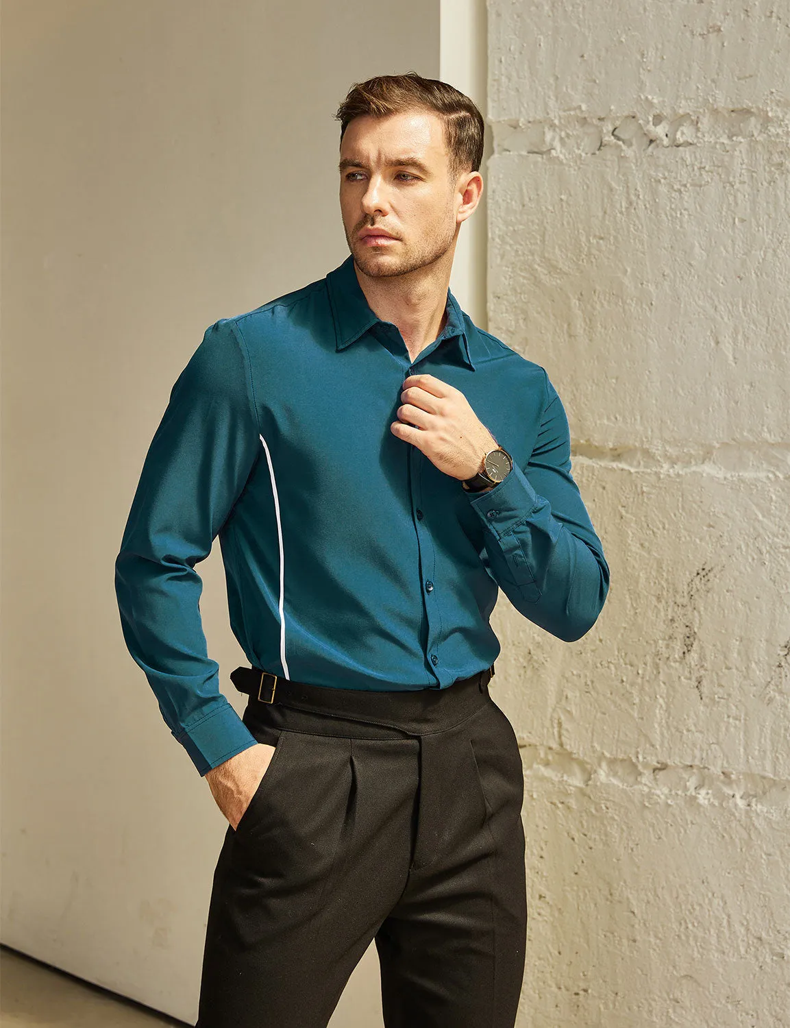 Men's Casual Solid Color Button Up Long Sleeve Dress Shirt