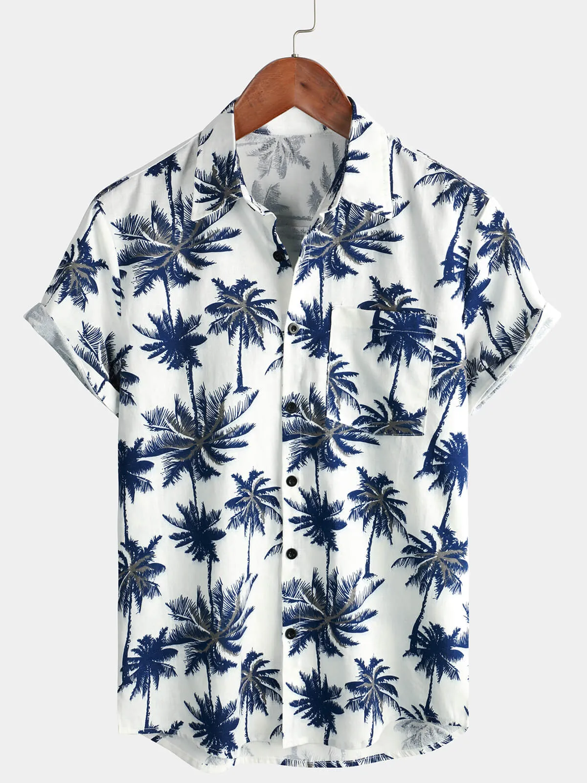 Men's Cotton Linen White Hawaiian Palm Tree Print Beach Holiday Summer Short Sleeve Shirt
