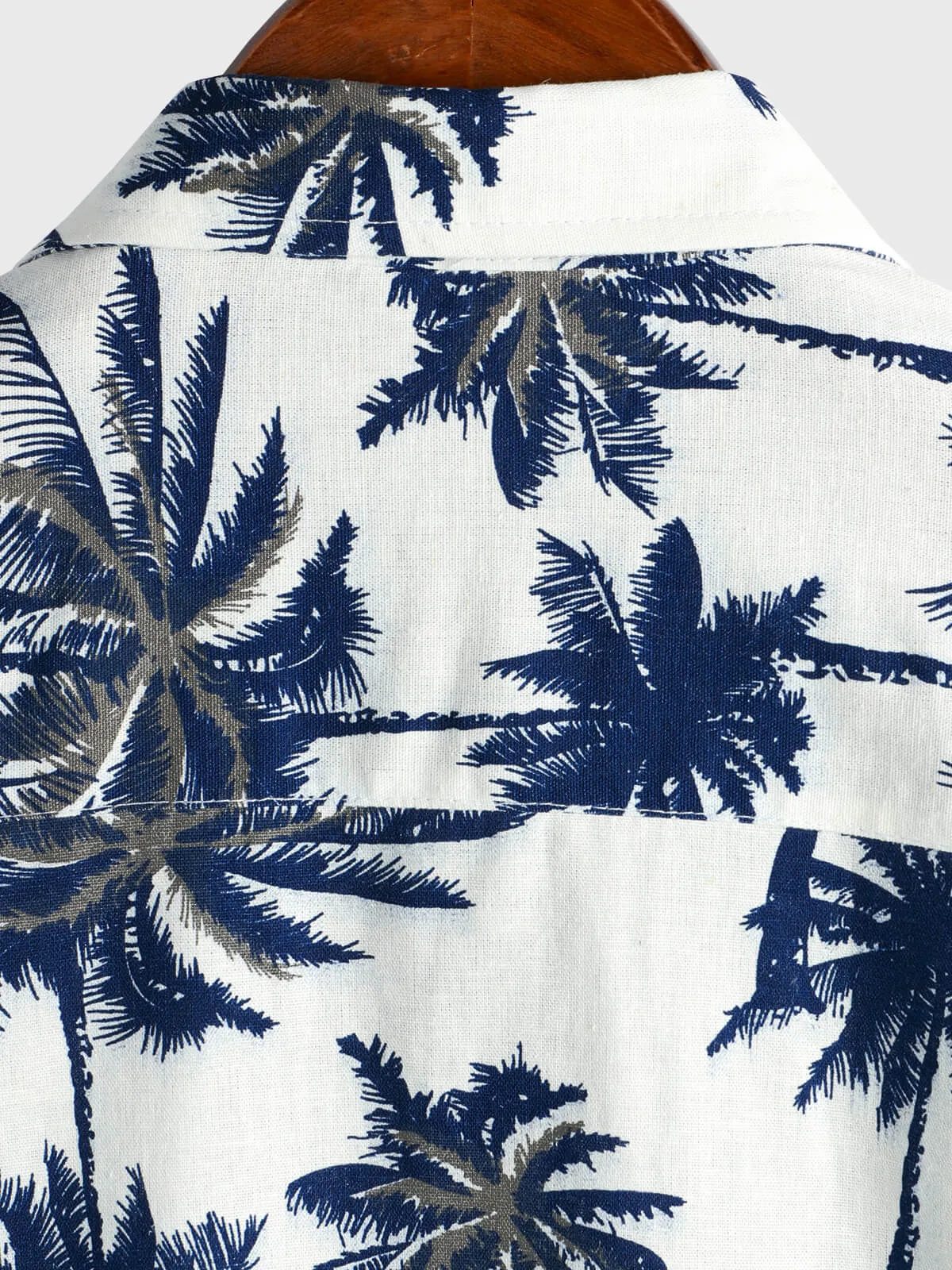 Men's Cotton Linen White Hawaiian Palm Tree Print Beach Holiday Summer Short Sleeve Shirt