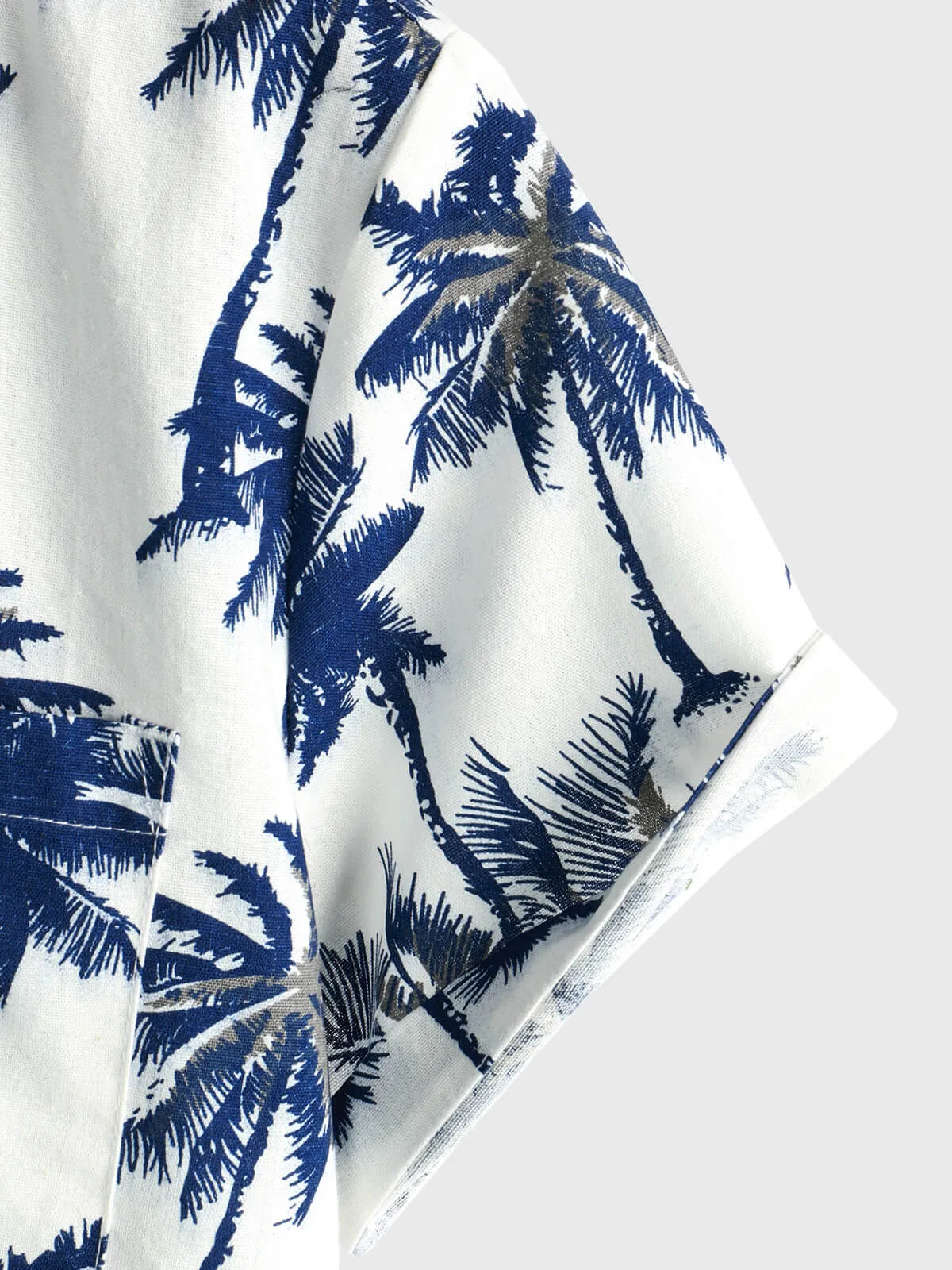 Men's Cotton Linen White Hawaiian Palm Tree Print Beach Holiday Summer Short Sleeve Shirt