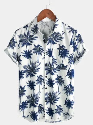 Men's Cotton Linen White Hawaiian Palm Tree Print Beach Holiday Summer Short Sleeve Shirt
