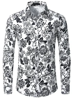 Men's Floral Long Sleeve Cotton Casual Button Down  Shirt