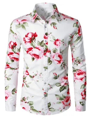 Men's Floral Print White Casual Tops Button Up Long Sleeve Dress Shirt
