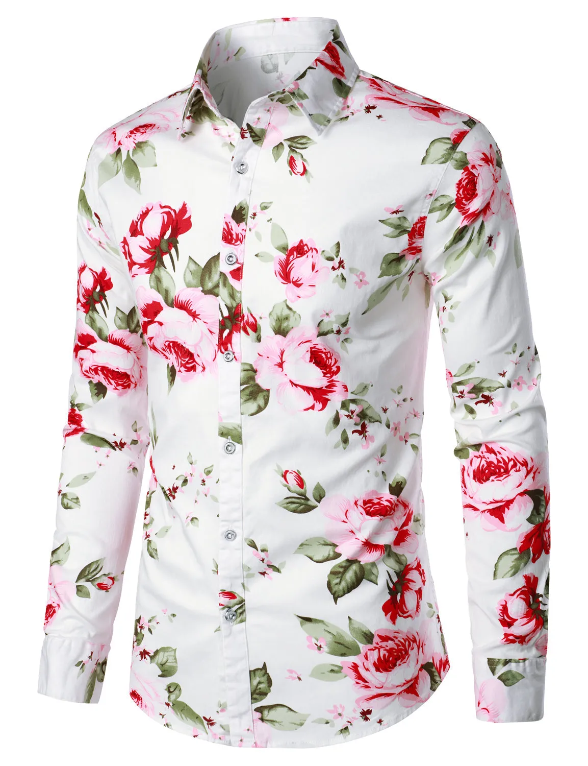 Men's Floral Print White Casual Tops Button Up Long Sleeve Dress Shirt