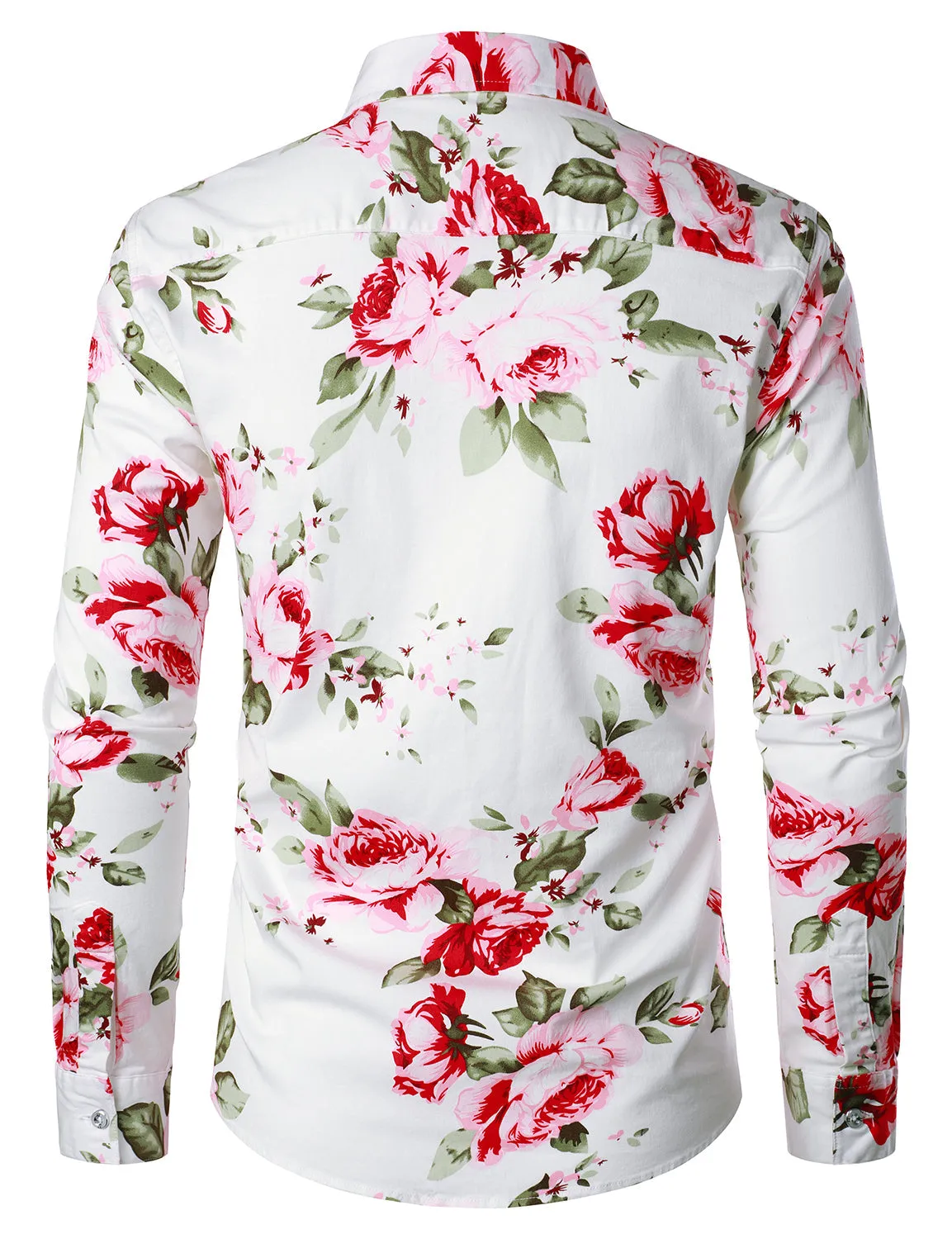 Men's Floral Print White Casual Tops Button Up Long Sleeve Dress Shirt
