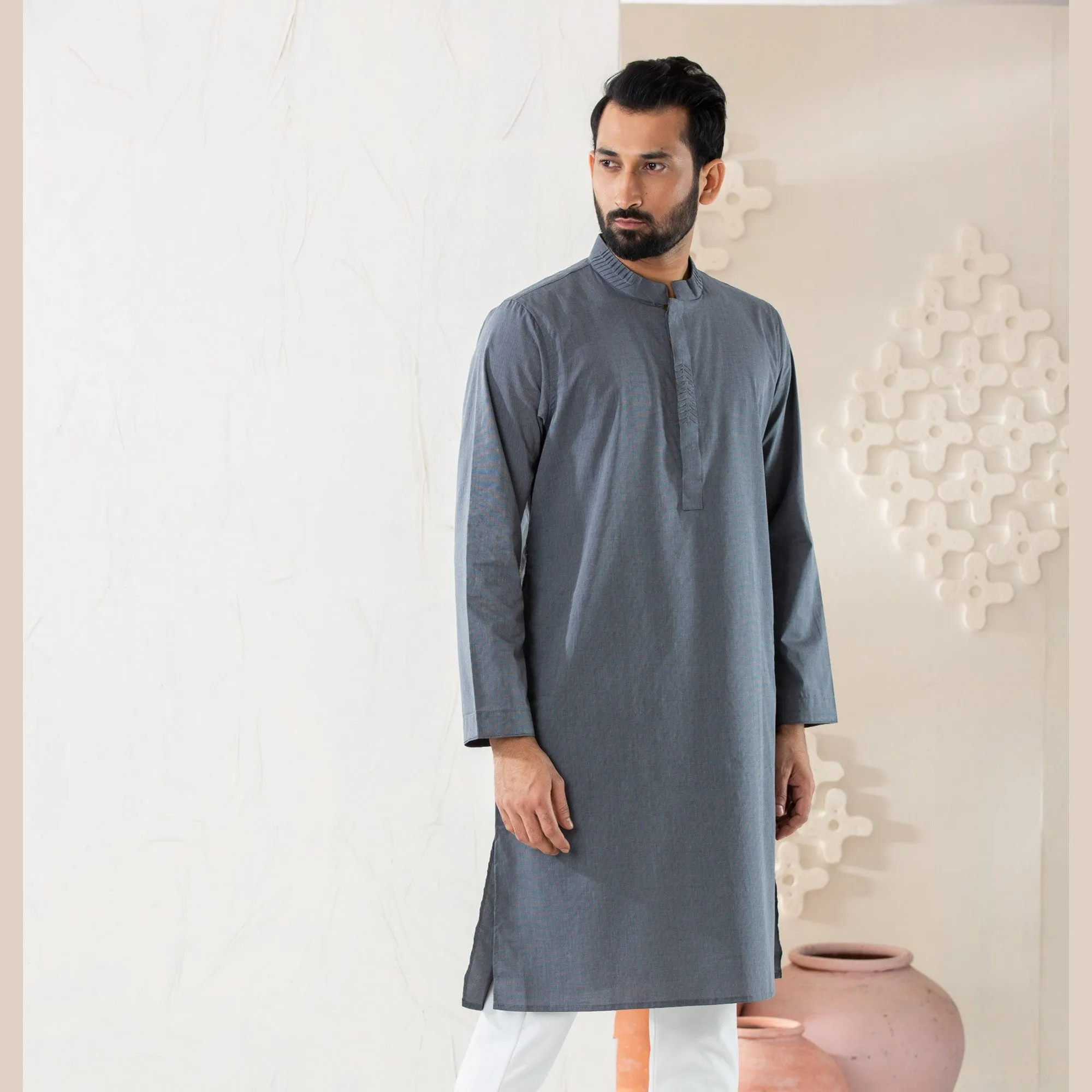 Mens Grey Cotton Panjabi