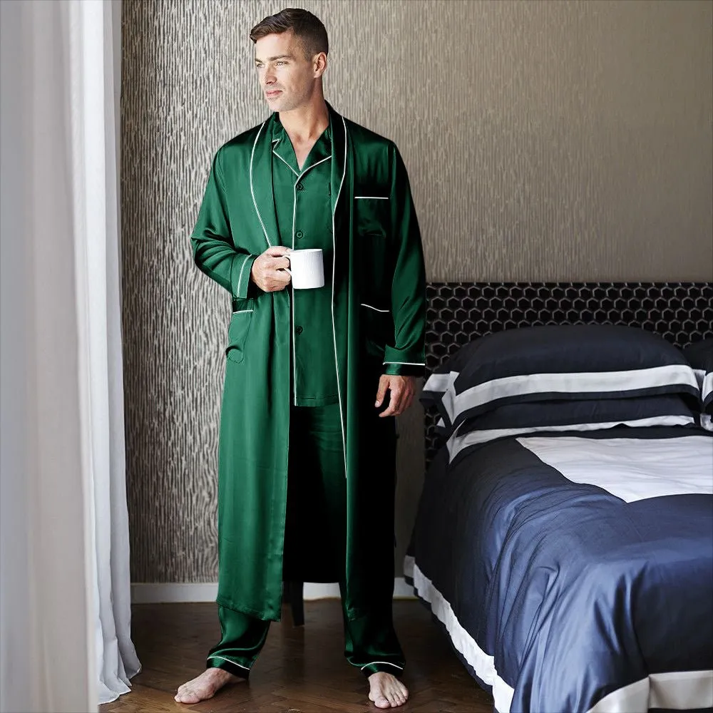 Mens Long Silk Pajamas & Robe Set  Full Length Silk Sleepwear